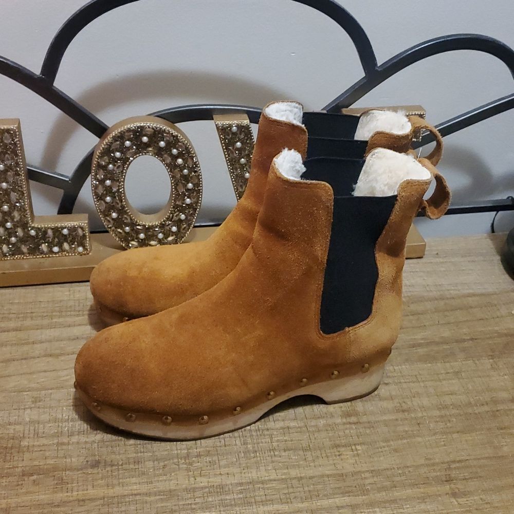 J. Crew Womens Suede Faux-fur Lined Wooden Clog Platform Chelsea Boots Sz 6 Boho - Picture 5 of 11